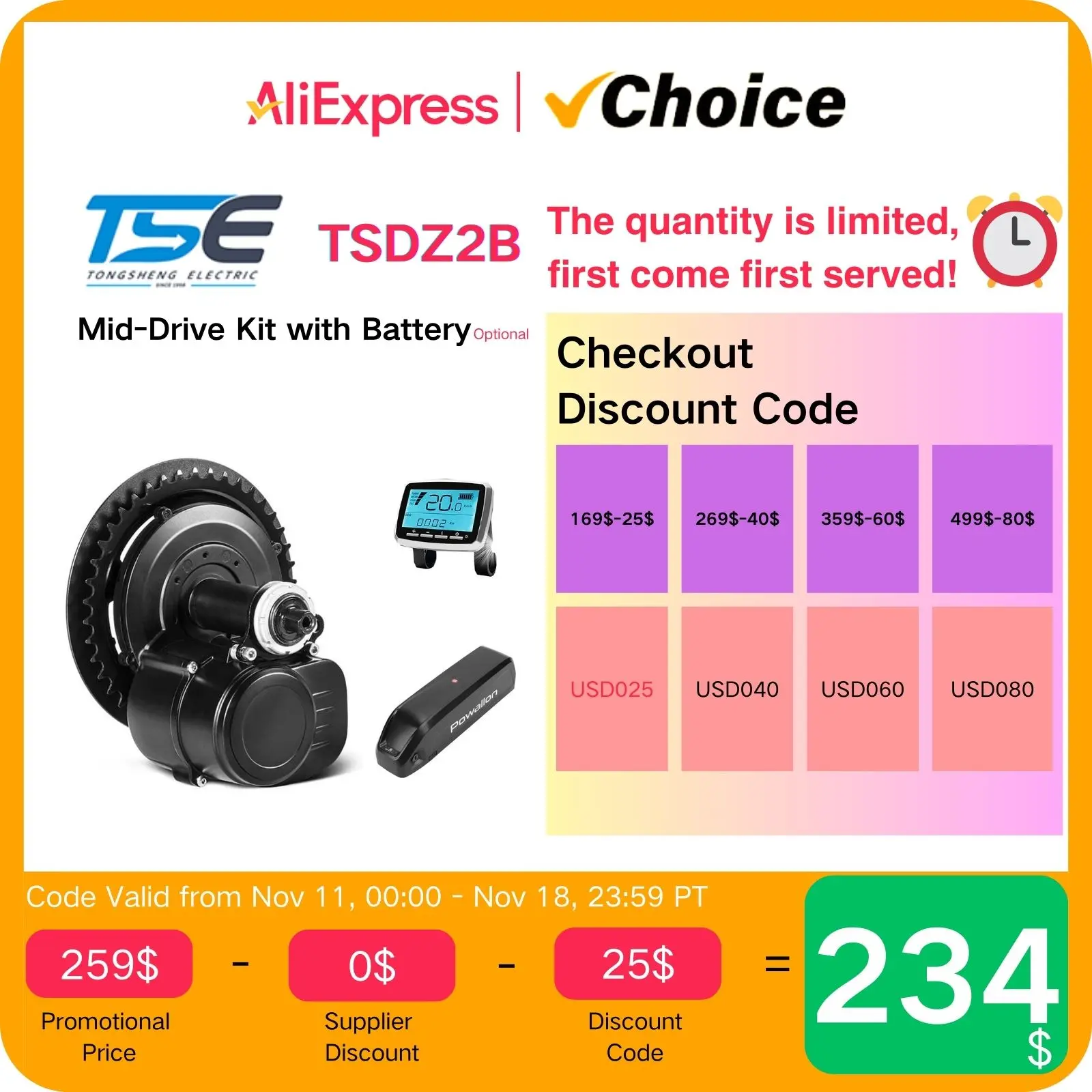 TONGSHENG TSDZ2B 48V 500W Mid-Drive Kit with Battery, Electric Bicycle Conversion Kit for MTB, City, Hybrid, Road, and Gravel Bi