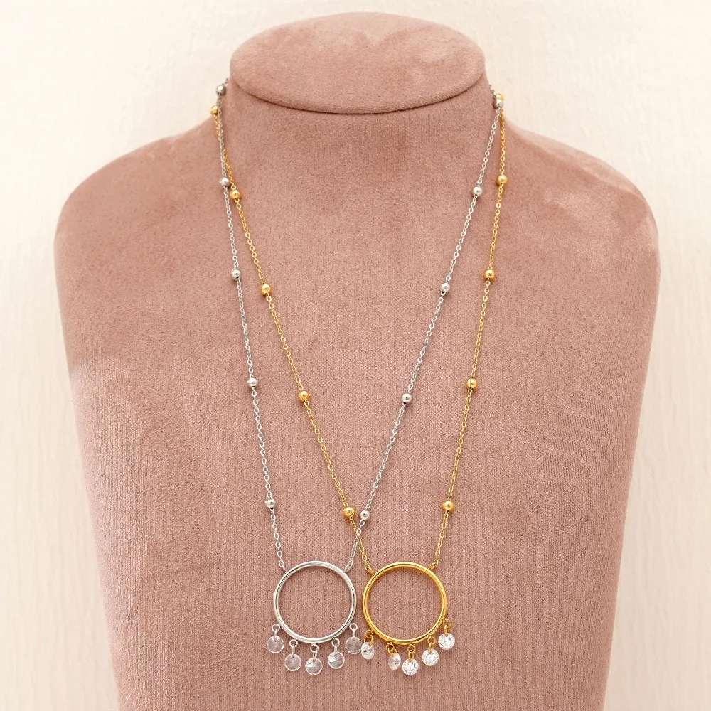 Minimalist Big Circle Shiny Zircon Pendant Neckalce One Piece Gold Plated Round Bead Chain Crystal Choker Waterproof Jewelry