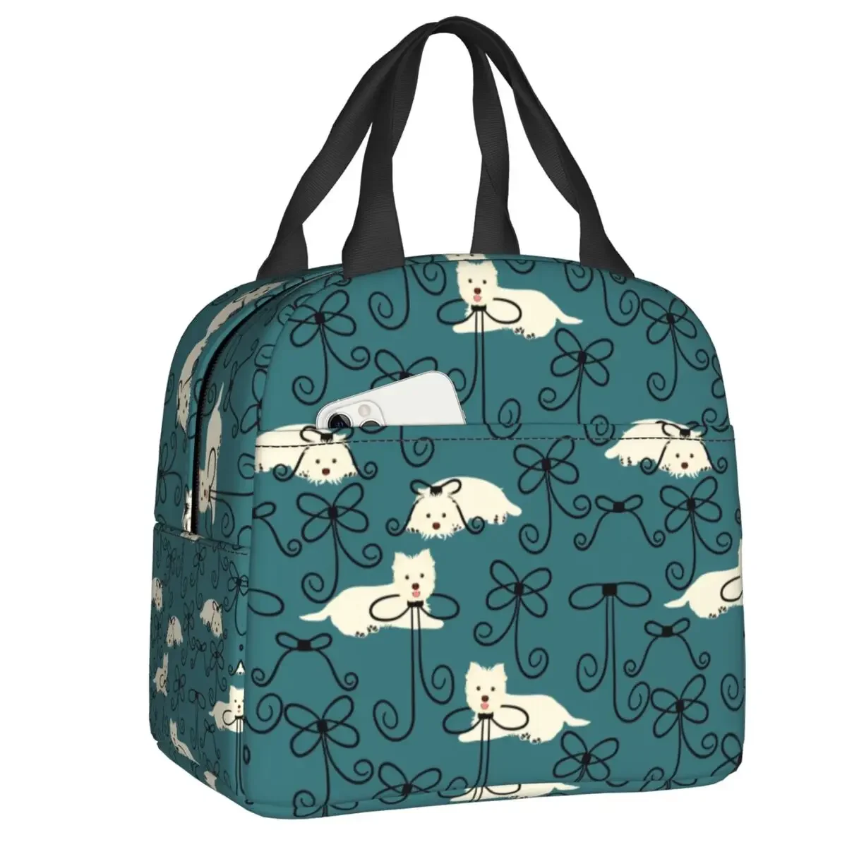 

Custom West Highland White Terrier And Bow Lunch Bag Women Cooler Warm Insulated Lunch Boxes for Children School