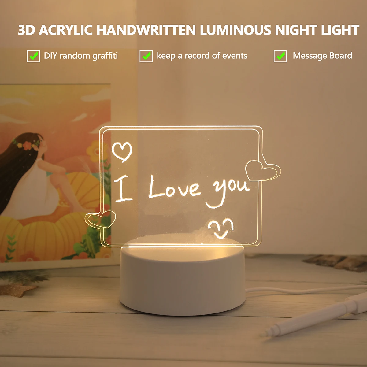 USB Creative 3D Luminous Erasable Love Pen Night Light Message Night Light Birthday Gift Bedroom Decoration Light led night light night light led night lamp