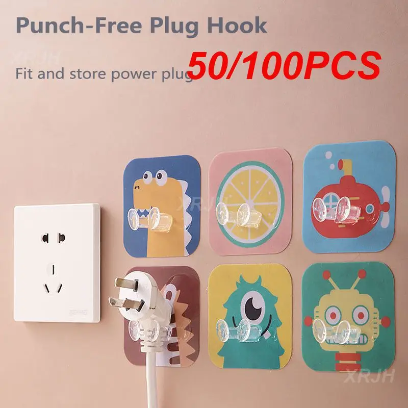 50/100PCS Multifunctional Punch-free Plug Hook Cartoon Animal Wall Hanging Storage Multi-function Adhesive Power Cord Socket