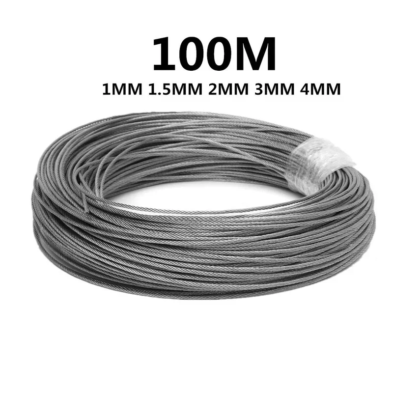 304 Stainless Steel Wire Rope 50M/100M 7*7 1mm/1.5mm/2mm Soft Fishing Lifting Cable Clothesline stainless steel wire stainless steel cable rope kits steel wire rope