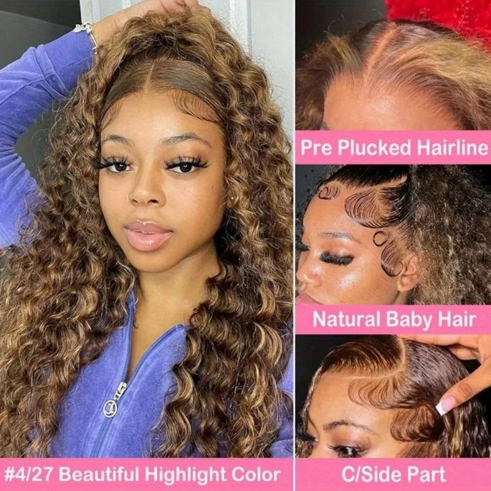 34 Inch Highlight Deep Wave Lace Front Wigs Human Hair 250% Density Deep Curly Human Hair Wig Pre Plucked P4/27 Ombre Lace Frontal Wigs With Baby Hair For Women 3