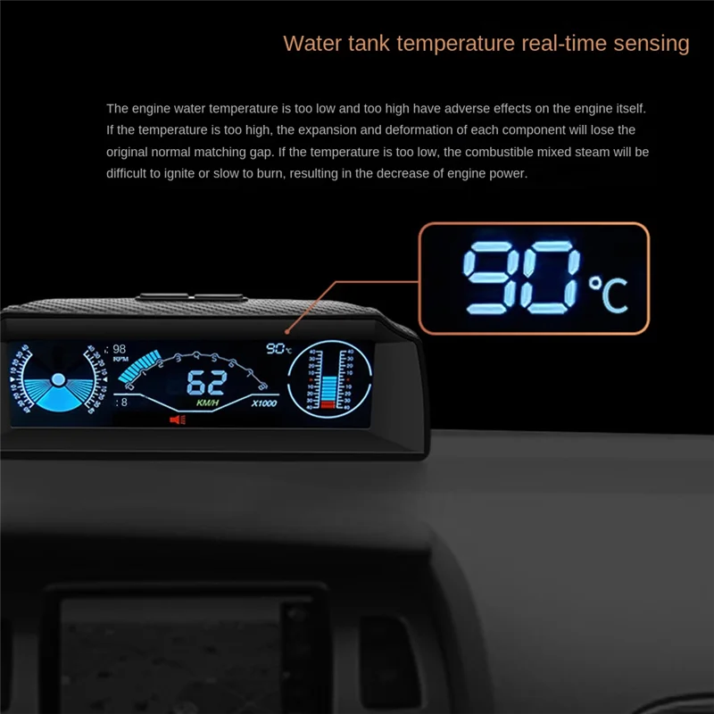 A13F-X90 헤드 업 디스플레이 온보드 컴퓨터 디스플레이 OBD2 자동차 속도계 OBD 게이지 (틸트 피치 각도 각도기 디스플레이 포함)