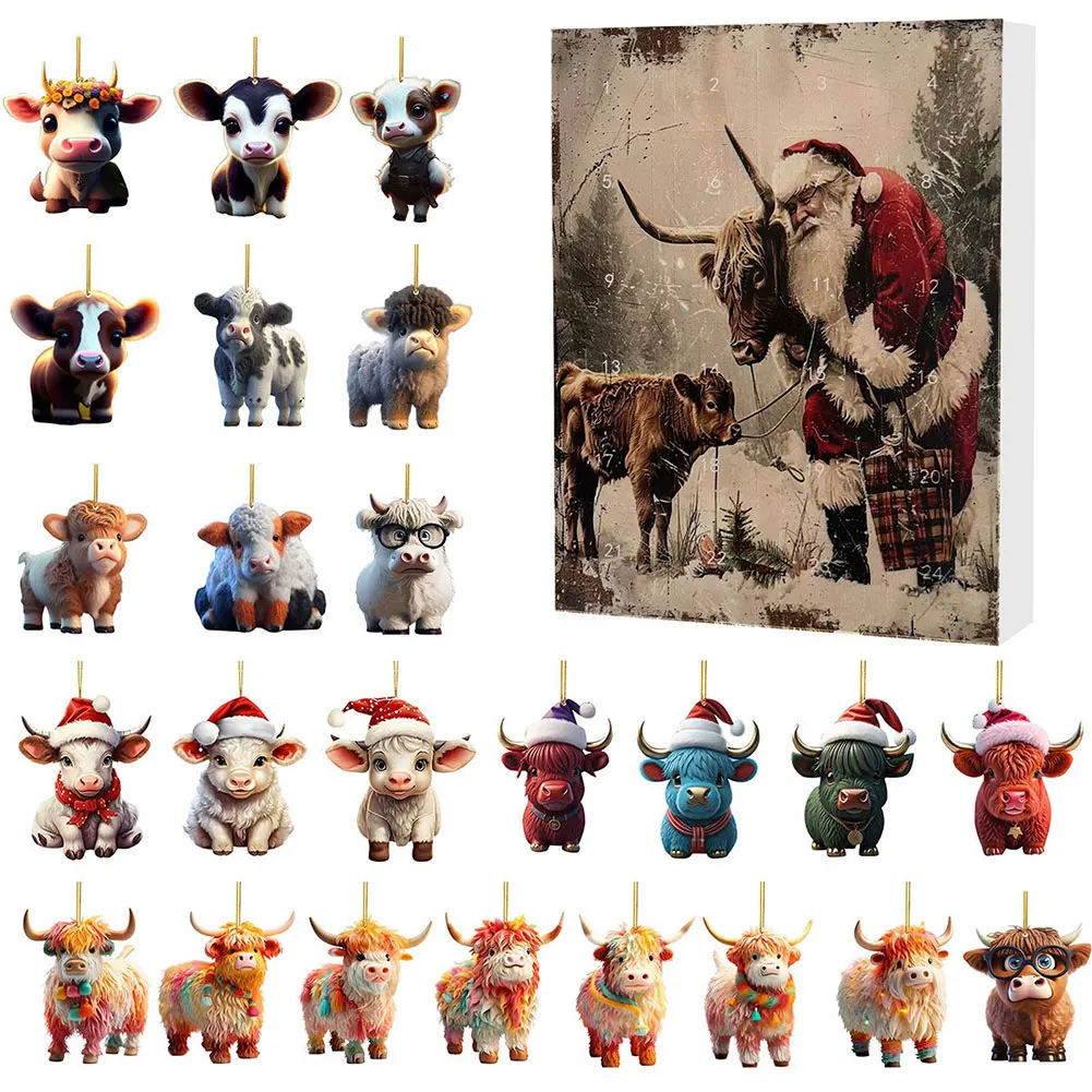 24 Days Christmas Countdown Calendar Acrylic Cartoon Highland Cow Hanging Decorations 2024 Holiday Advent Calendar Gift For Kids
