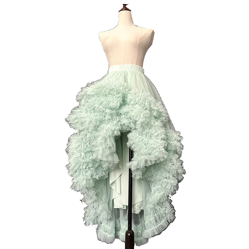 

Fantasy Flower Light Green Elastic Waist Fairy Air Mesh Half Body Fluffy Irregular Layer Cake Skirt