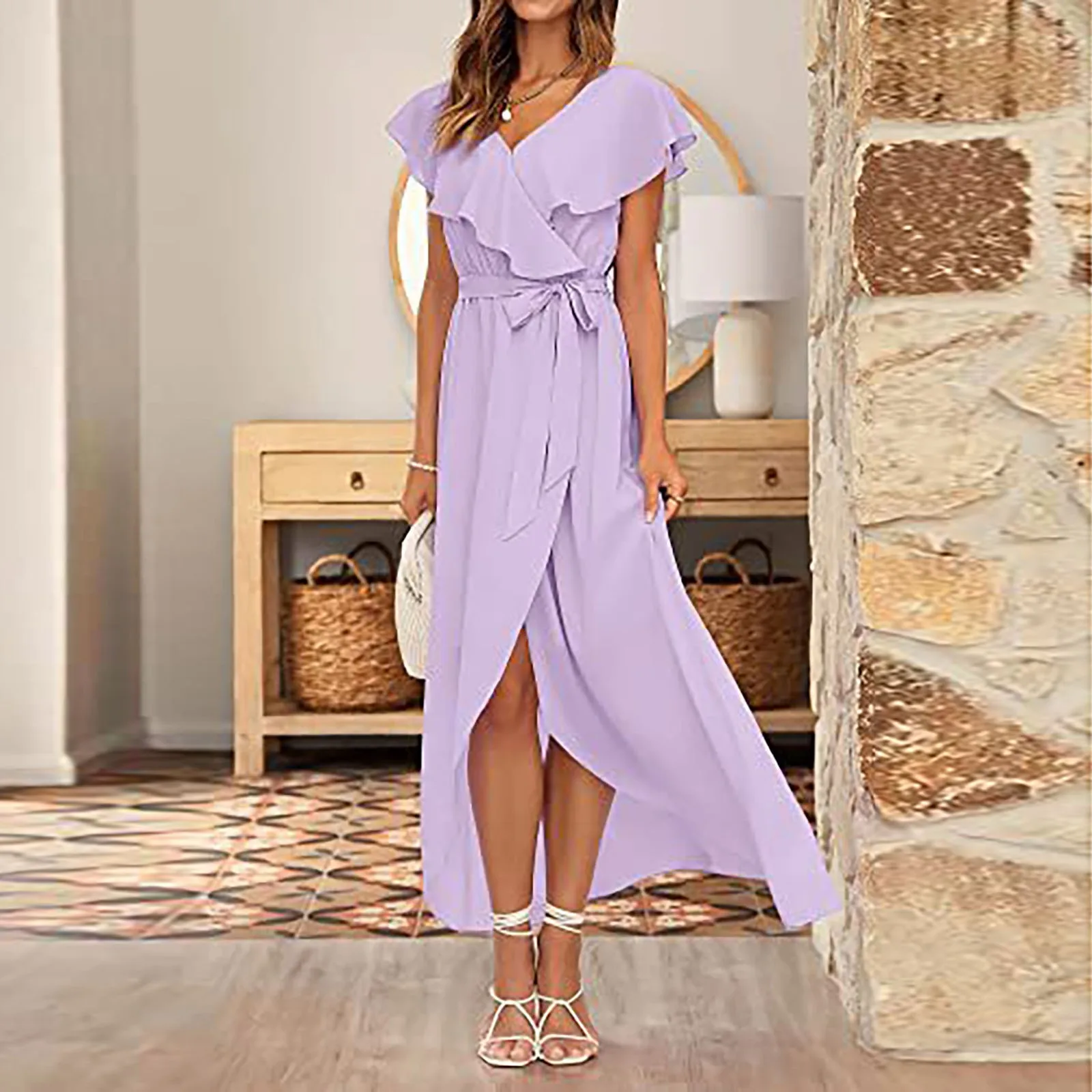 

Women Fashion Elegant Dress Solid Color Ruffle Sleeve V Neck Pleated Chiffon Dresses Tie-Up Bowknot Split Maxi Summer Dress