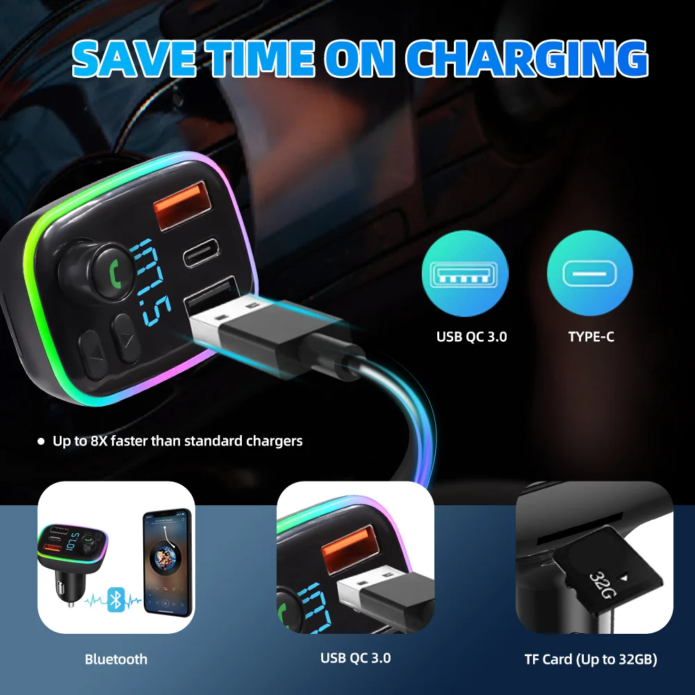 Car Wireless Bluetooth 5.0 FM Transmitter Adapter 2USB PD Charger RGB  Hands-Free