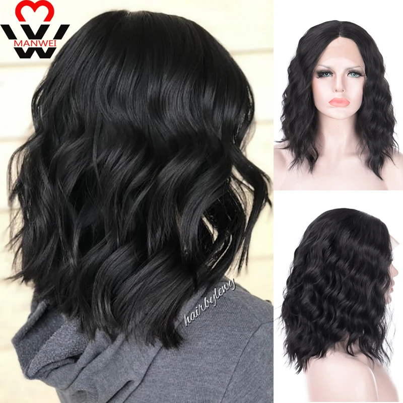 

MANWEI Synthetic Wigs Short Water for Women Wavy Bob Black Brown Heat Resistant Fiber Center Point Lace Cosplay Hair
