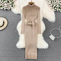 YuooMuoo Ins Hot Turtleneck Sexy Wrap Hips Knitted Dresses Women 2025 Autumn Winter Long Sleeve Bodycon Sweater Dress with Belt - Image 4