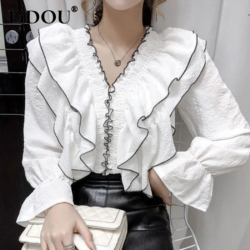 

Spring Autumn Korean Style Elegant Fashion Ruffles Patchwork Pullover Shirt Women Long Sleeve Ladies Blouse Oversized Blusas