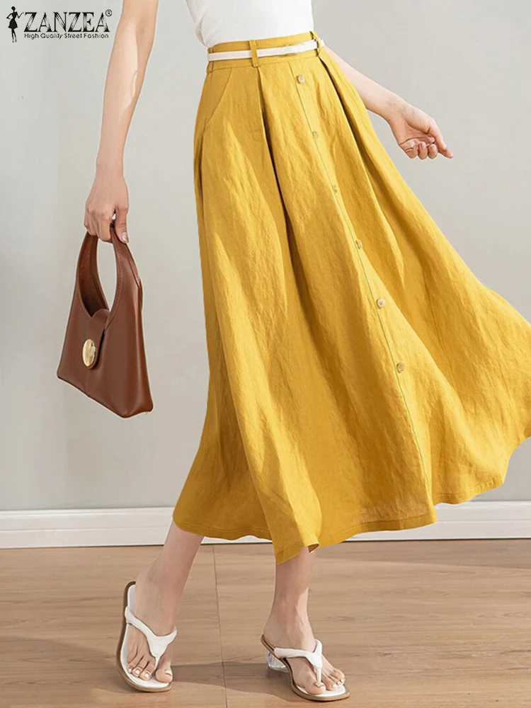 

ZANZEA Elegant High Waist Women Skirts Casual Loose Office Wear A-line Midi Skirt Cotton Plain Long Jupe Oversize Leisure Faldas