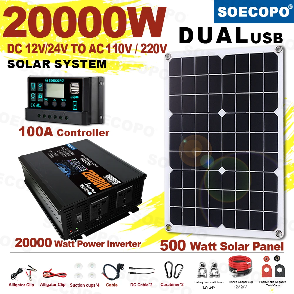 ชุดระบบโซลาร์เซลล์ครบชุด SOECOPO 20000W พร้อมแผงโซลาร์เซลล์ 500W อินเวอร์เตอร์ควบคุม 100A (2 ช่องเสียบ) 12V/24V 110V/220V สำหรับใช้ในบ้านและตั้งแคมป์ 1