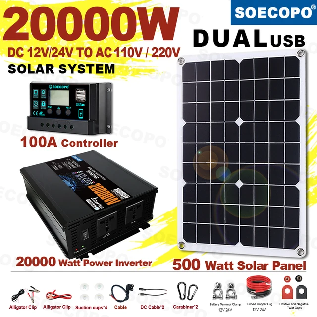 ชุดระบบโซลาร์เซลล์ครบชุด SOECOPO 20000W พร้อมแผงโซลาร์เซลล์ 500W อินเวอร์เตอร์ควบคุม 100A (2 ช่องเสียบ) 12V/24V 110V/220V สำหรับใช้ในบ้านและตั้งแคมป์ 1