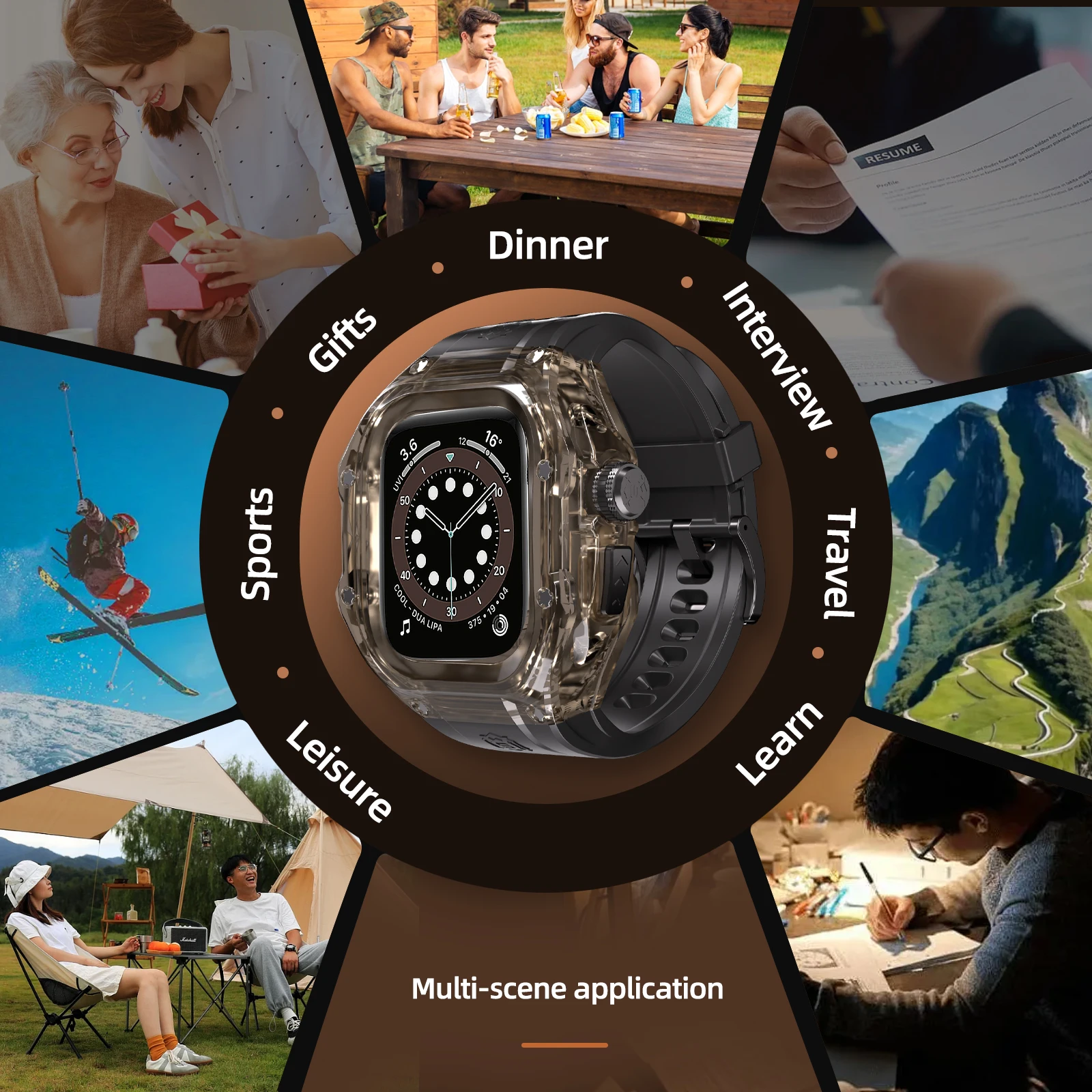 Luxury Transparent Waterproof Case for Apple Watch Ultra 2 49mm Protection Anti-slip Watch Cover+Silicone Strap for Apple Watch