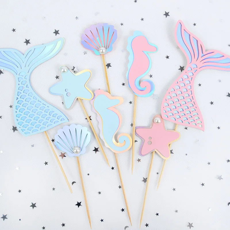

4pcs/set Mermaid Party Decoration Tail Seahorse Shell Starfish Cake Topper Paper Cupcake Topper For Birthday Party Decor Supplie