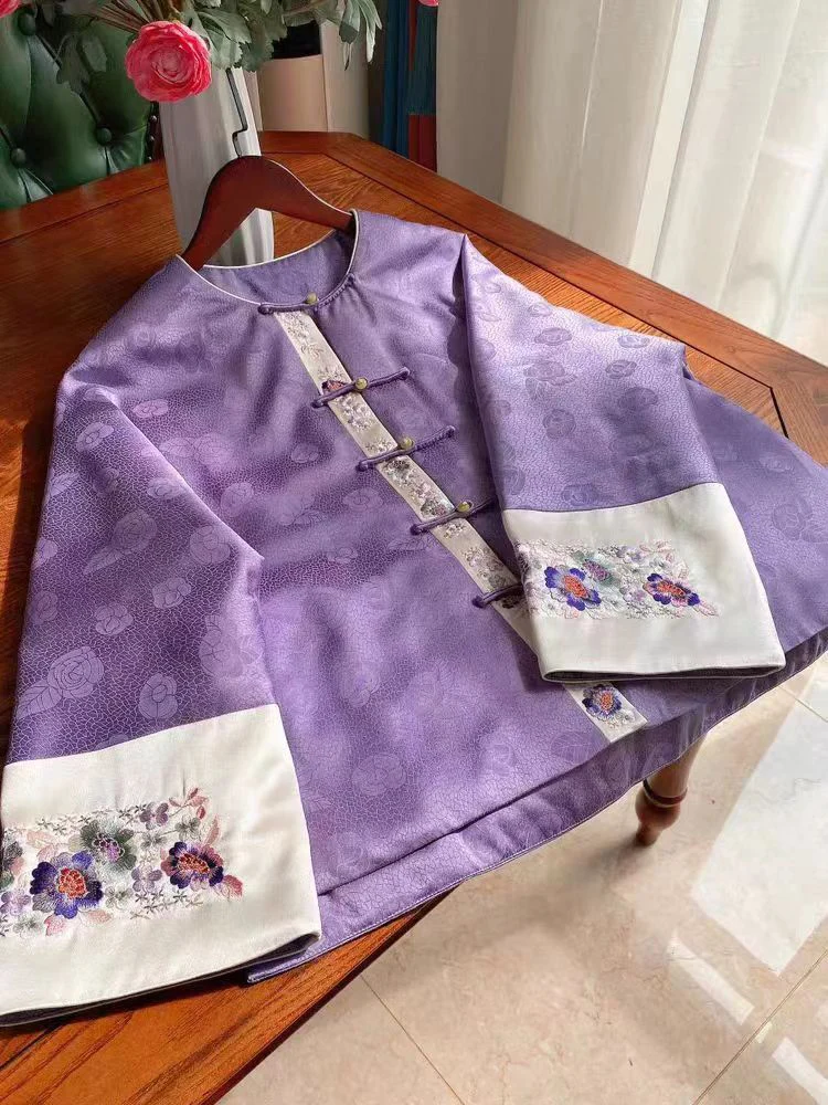 Spring And Autumn New Chinese Style High-End O-Neck Retro Single Breasted Jacket Elegant Purple Jacquard +Embroidery Top S-XXL