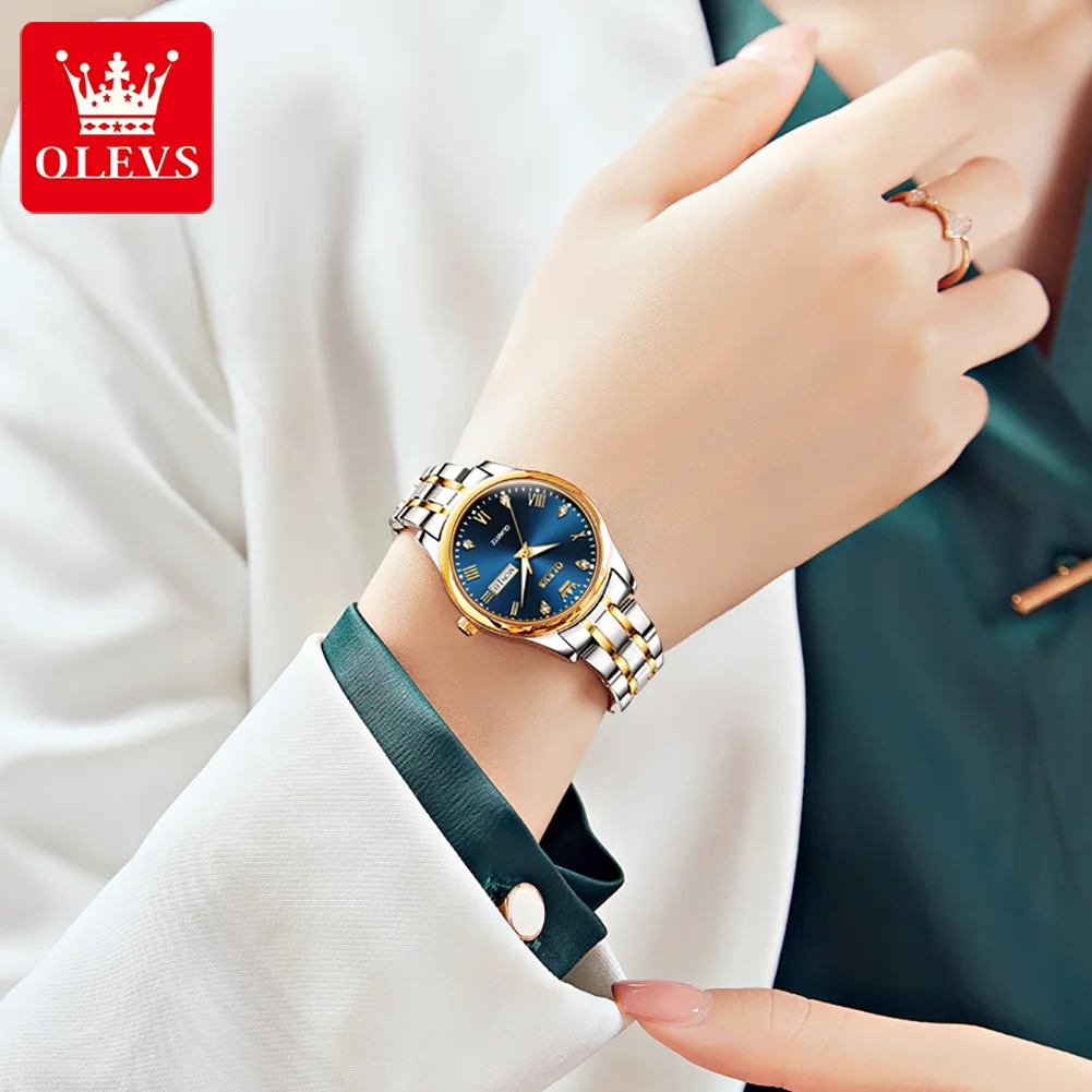 OLEVS Brand New Fashion Quartz Watch Women Waterproof Classic Week Date Luxury Womens Watches Stainless Steel Blue Wristwatch