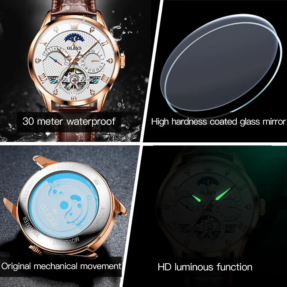 OLEVS Luxury Automatic Mechanical Watch for Men Stainless Steel Calendar Moon Phase Men's Watch Waterproof Luminous Watch Reloj