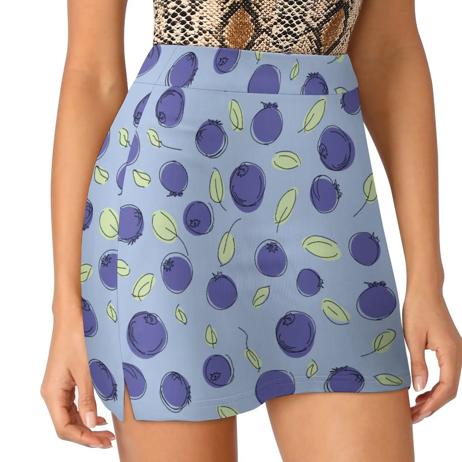 

Blueberries and leaves on blue background Light proof trouser skirt korean style skirt Woman short skirt