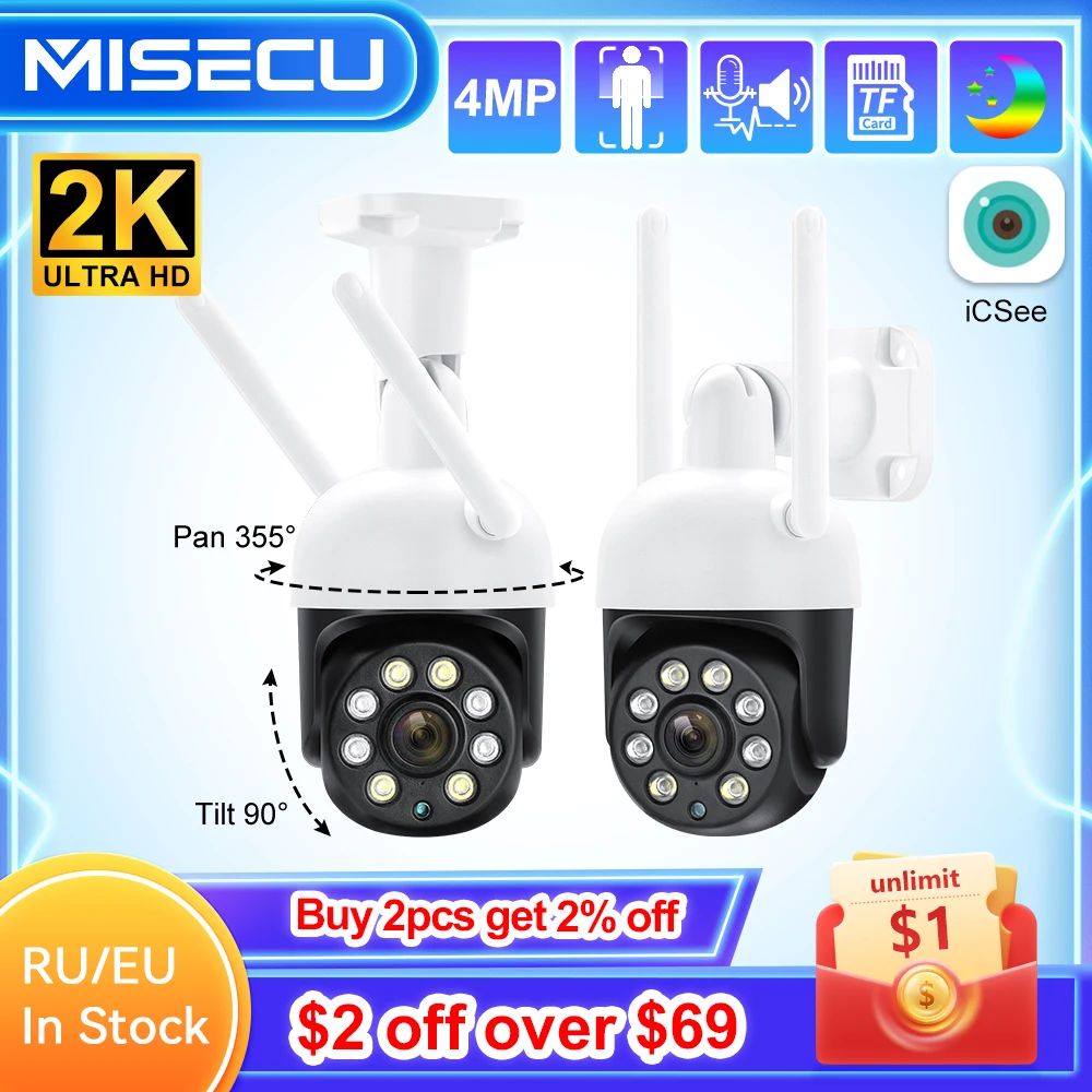MISEC HD 4MP PTZ Wifi Wireless IP Camera Outdoor Human Detect  Two Way Communication Security Surveillance  Color Night Vision