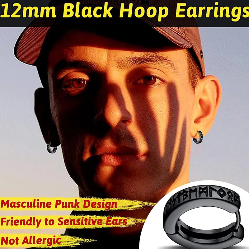Stainless Steel Norwegian Viking Rune Hoop Earrings For Men Woman Unisex 12 Mm Huggie Hoop Religious Jewelry