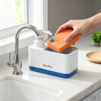 Kitchen dish soap dispenser with sponge holder, kitchen liquid soap dispenser with sponge storage 1