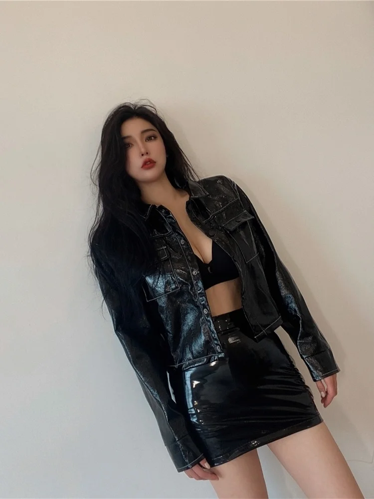 2023 Autumn Sweet Winter Black Sexy Tight High Waist Leather Mini Skirt Reflective PU Hot Sexy Korean Women Sweet 9SVK 3