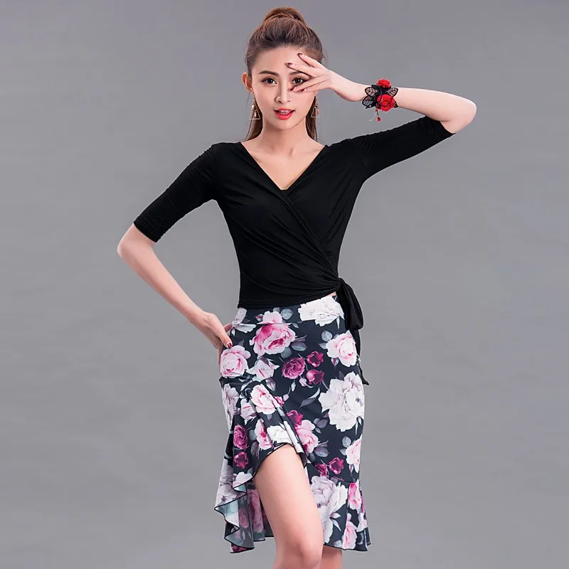 

Women Latin Dancer Adult Suit Modal Top Ice Silk Irregular Skirt Practice Dance Clothes