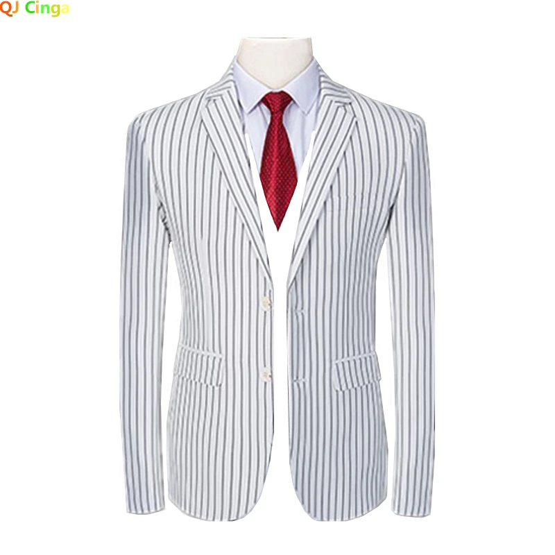 

2023 Spring New White Vertical Striped Suit Jacket Men's Fashion Slim Dress Coat Blue Gray Blazers Big Size M-3XL 4XL 5XL 6XL