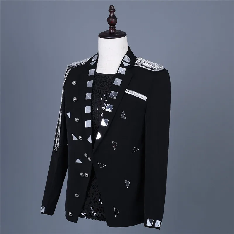 Male Tassel Blazer Jacket Mirror Chain White Black Men Clothing Singer Host Bar Nightclub Performance Stage Costume Fashion Coat