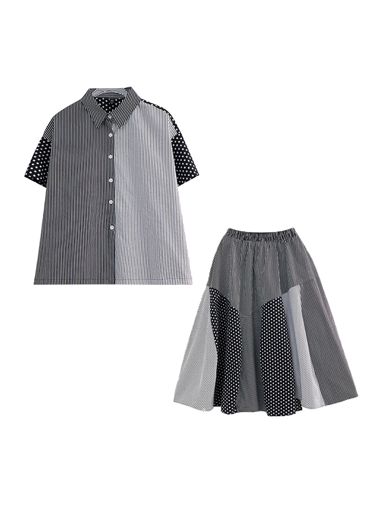 Polka Dot Stripe Print Summer Casual 2 Two Piece Set Short Sleeve Loose Blouse Women Shirt Top Fashion Clothing Skirt Suit 2025