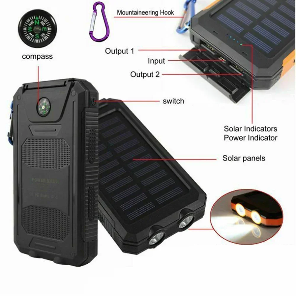 Solar Power Bank 200000mAh Batteria portatile a luce LED Caricatore USB esterno PowerBank impermeabile da viaggio per IPhone Xiaomi Samsung - Image 2