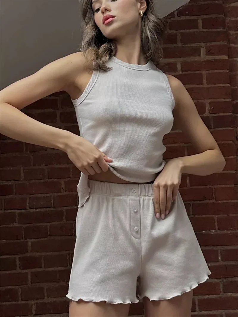 Casual Solid Ribbed Knit Lounge Set Womens Sleeveless Tank Top and Lettuce Hem Shorts Two Piece Summer Pajama Outfit Homewear
