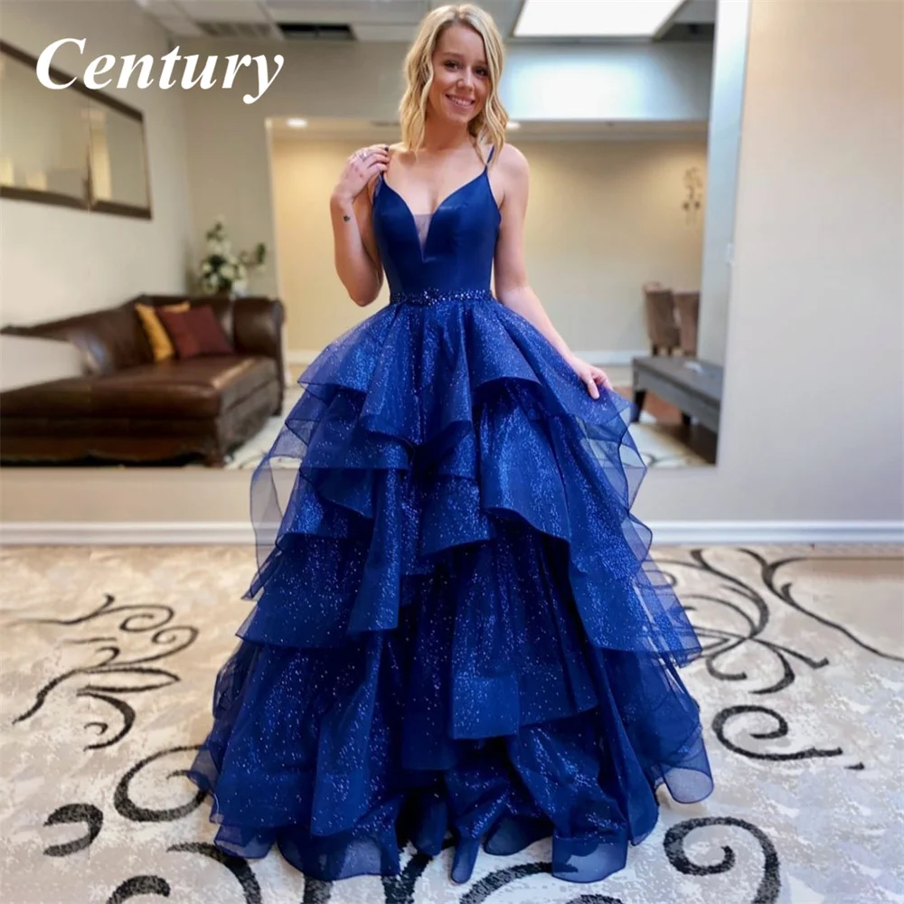 

Loveweiwei Royal Blue Elegant Sparkly Prom Dress A-Line Layered Ruffled Tulle Cross Back Robes de Soirée Evening Gowns For Women