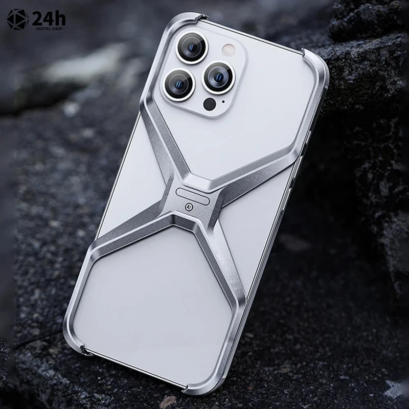 

Luxury Aluminum Alloy Rimless Phone Case For iPhone 15 14 Pro Max Metal X Type Removable Heat Dissipation Armor Shockproof Cover