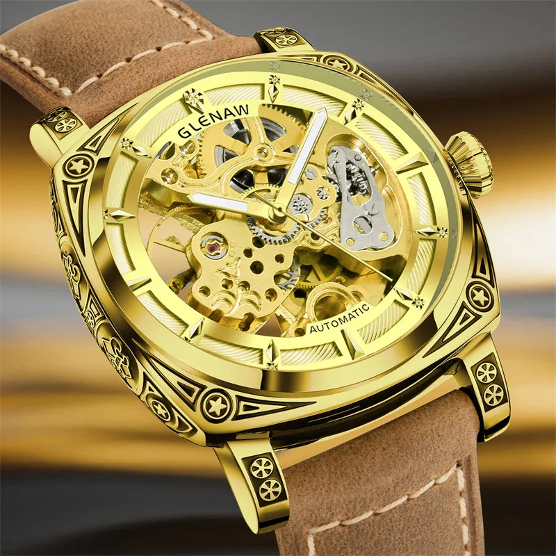 

Новинка, роскошные Брендовые мужские наручные часы гленау, золотые светящиеся автоматические механические часы, водонепроницаемые Оригинальные мужские часы с вырезами