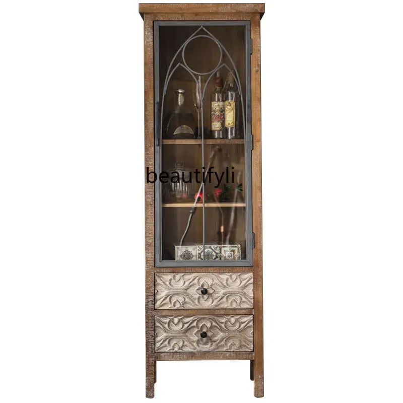 

American Wine Cabinet Wall Side Cabinet Distressed Solid Wood Clothes Closet Iron Sideboard Cabinet Home Glass Curio Cabinet