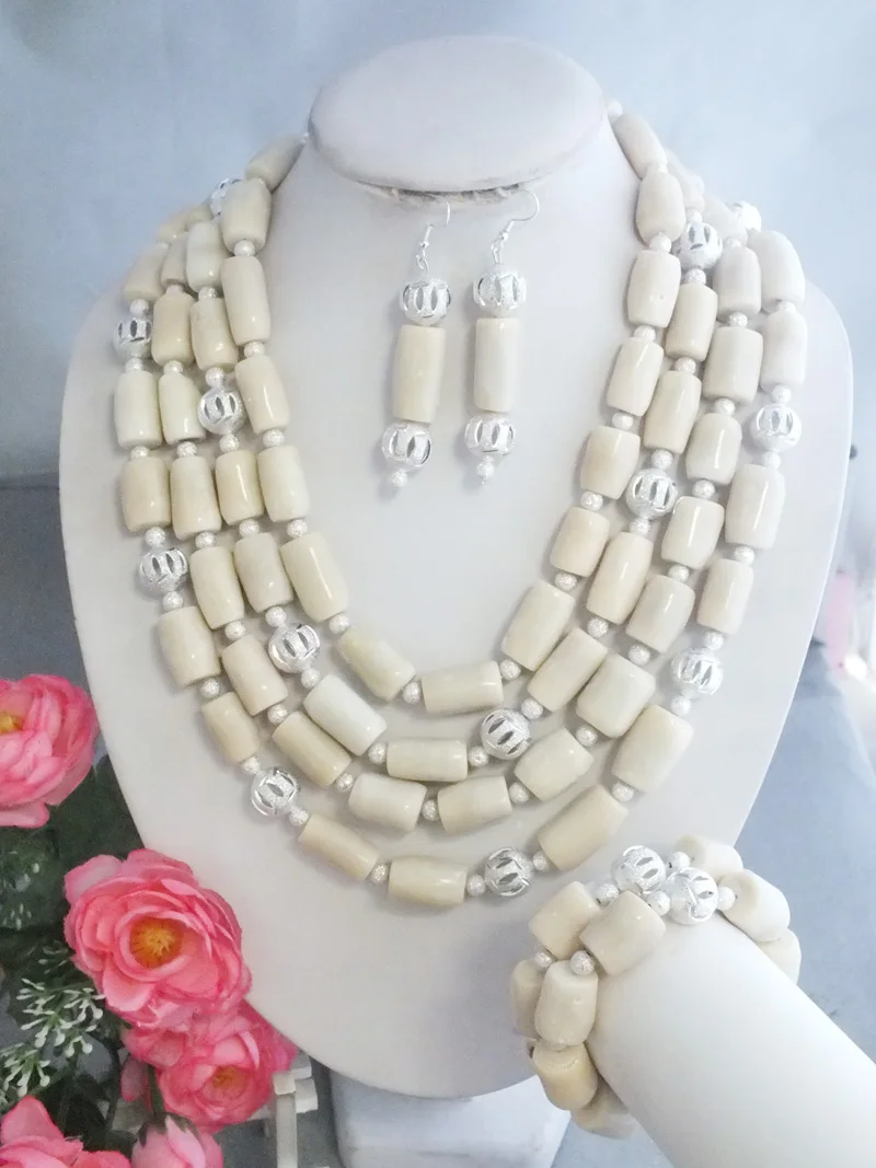 

Amazing African 4Rows White Coral Beads With Silver Color Ball Necklace Set Nigerian Wedding