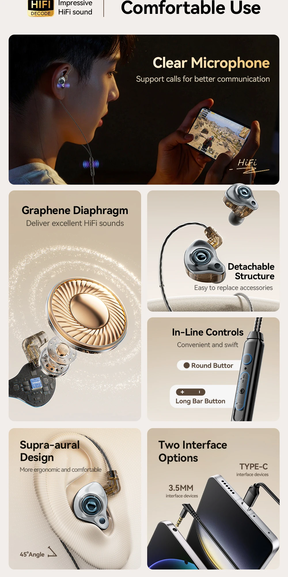 USB Type C 3.5mm Game Wired Earphones In Ear HiFi Headphones Bass Stereo Game Mu