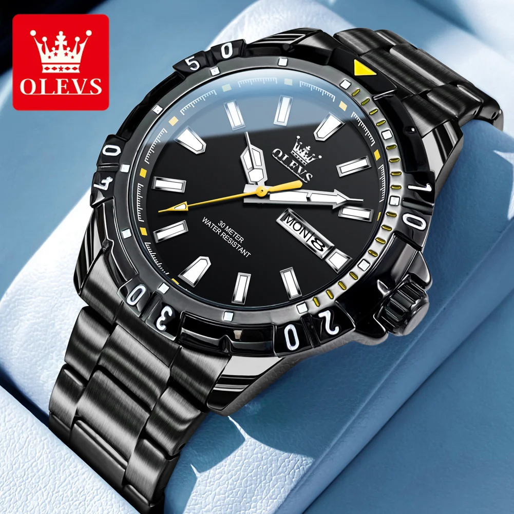 OLEVS Classic Black Quartz Watch for Men Stainless Steel Sports Waterproof Luminous Week Date Mens Watches Relogio Masculino summer sports suit black and white lion 3d printed t shirt casual sports suit short men s retro brand shorts 2 pieces