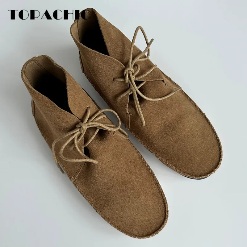 

9.13 TOPACHIC Cow Suede Sewing Soft Comfortable Genuine Leather Lace-up Flat Casual Chelsea Boots