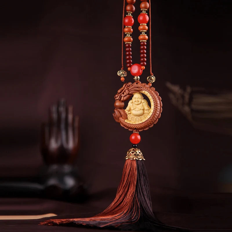 

Boxwood Inlaid Car KeyChain Long Tuzhu Money Maitreya Mahogany Mirror Pendant
