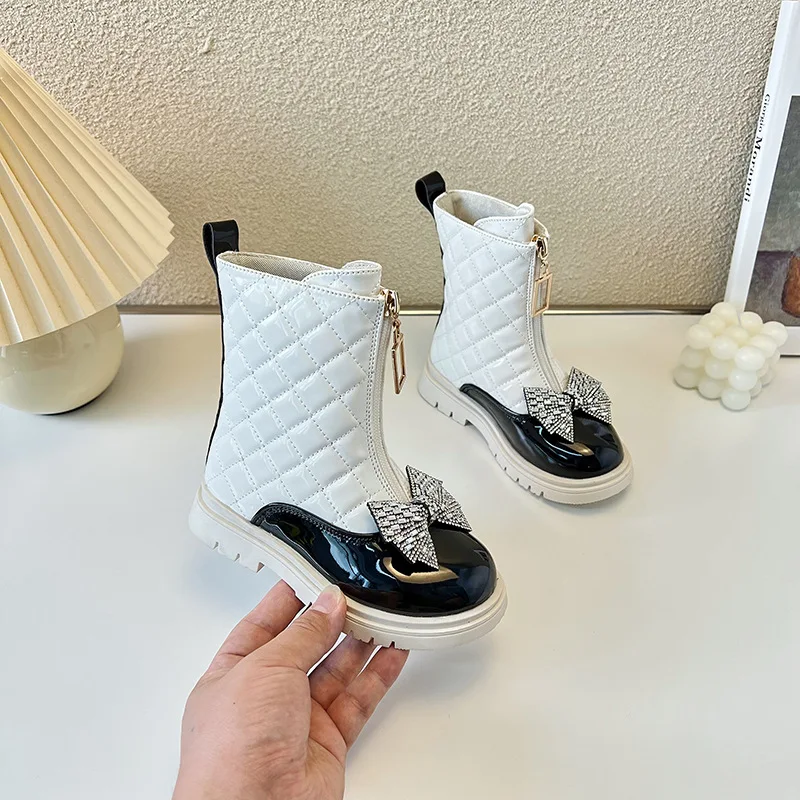 27-37 Girls Boots 2023 Autumn Winter New Glossy Chelsea Kids Versatile Rhinestone Bow Little Princess Casual Korean Boots