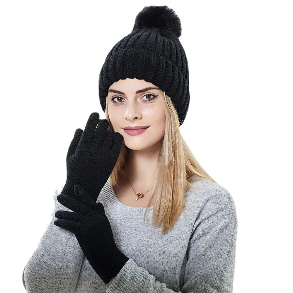 

Ladies Knitted Hat Set 2022 New Outdoor Warm Touch Screen Wool Gloves Hat Set