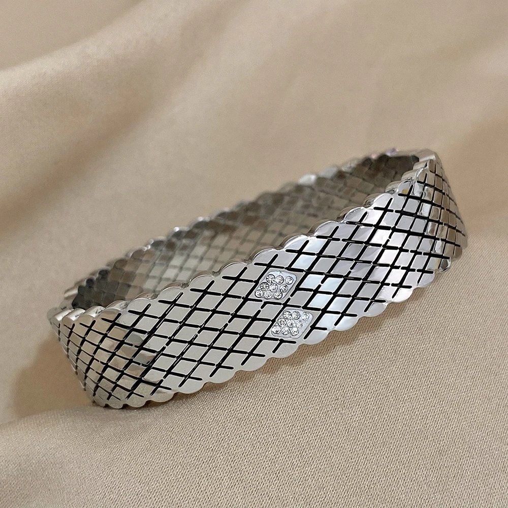 Stainless Steel Corssed Rhombus Grid Bracelet Bangle for Women Waterproof Rhinestones Cuff Bracelet Wristband Jewelry Gifts 5