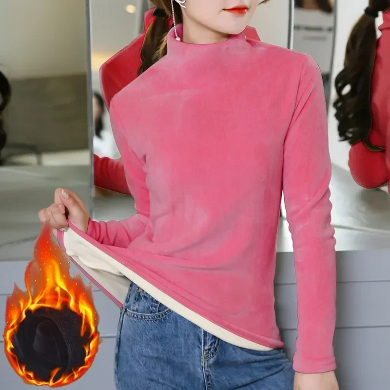

Sleeve Fall Basic Tees Turtleneck Thicken Soft Half Winter Pullover Velour Base Women T-shirts Velvet Long Slim Casual Tops Warm