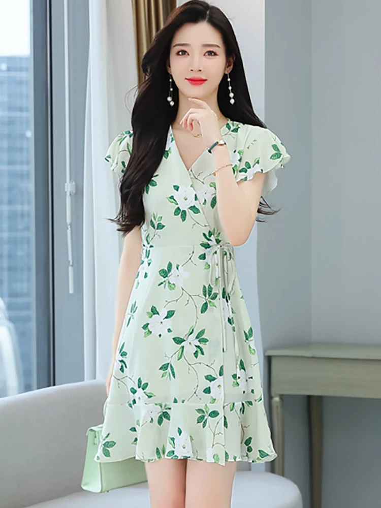 Pretty Comy Women's V-Neck Floral Print Dress Korean Style Elegant Ladies  Casual A-line Ruffled Vestidos Short Sleeve Blue XXL - Walmart.com