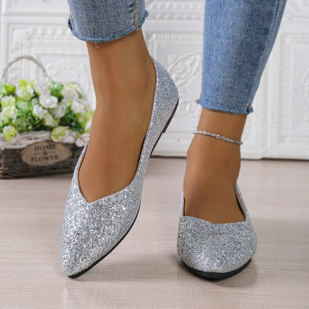 Women's Pointed Toe Flat Ballet Shoes Classic Fashion Sequined Casual Comfortable Autumn New 2025 Zapatos De Mujer