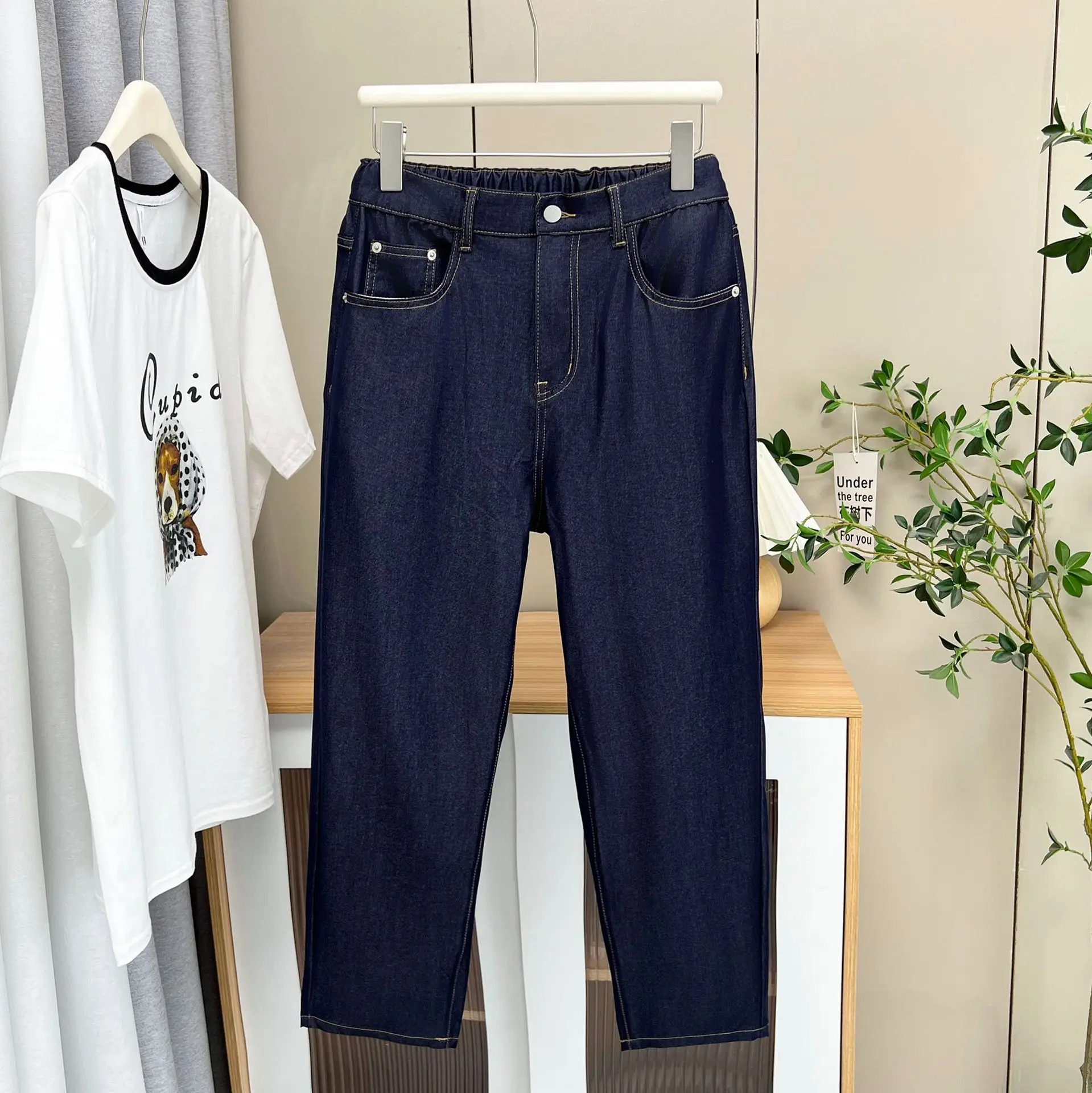 Summer Casual Thin Lyocell Denim Harem Pants Plus Size Women Premium Asymmetrical Leg Opening Design Ankle Style Jeans 109